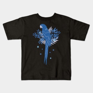 Blue Ara parrot with Tropical Leaves on Black Kids T-Shirt